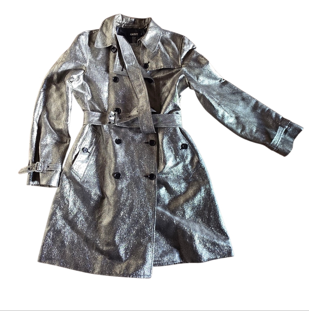 DKNY Double Breasted Belted Trench Coat Silver Metallic Size M